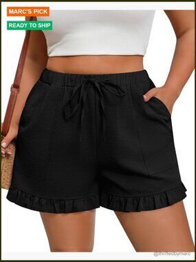 Plus Size Linen Shorts Women Casual Loose Ruffle Drawstring Summer Beach